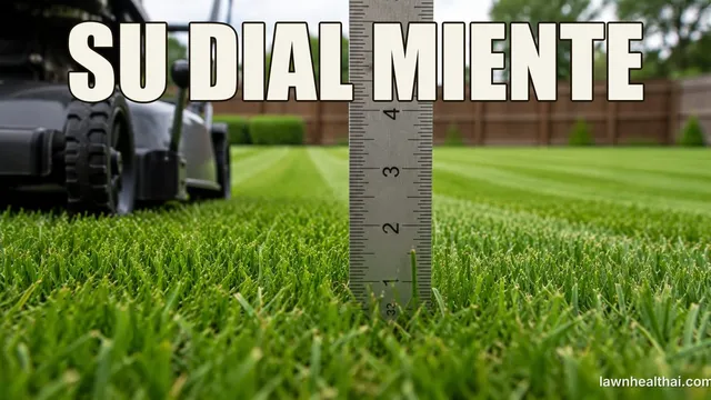 Una regla de acero hundida hasta el suelo en un césped con franjas, con sus marcas mostrando la hierba a unas dos pulgadas, y una segadora con su palanca de ajuste de altura detrás, con las palabras “SU DIAL MIENTE” dispuestas en la parte superior del encuadre
