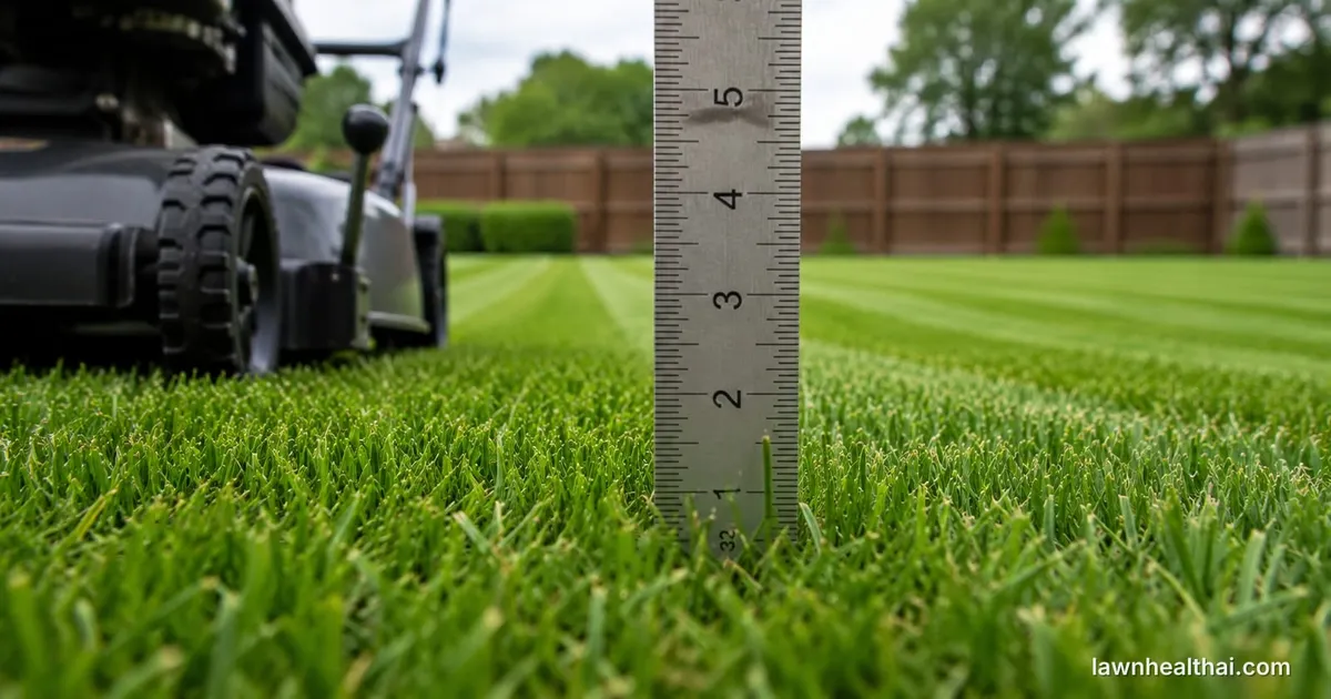 A steel ruler pushed down to the soil in a striped lawn, its markings showing the grass standing at roughly two inches, with a mower and its height-adjustment lever behind it