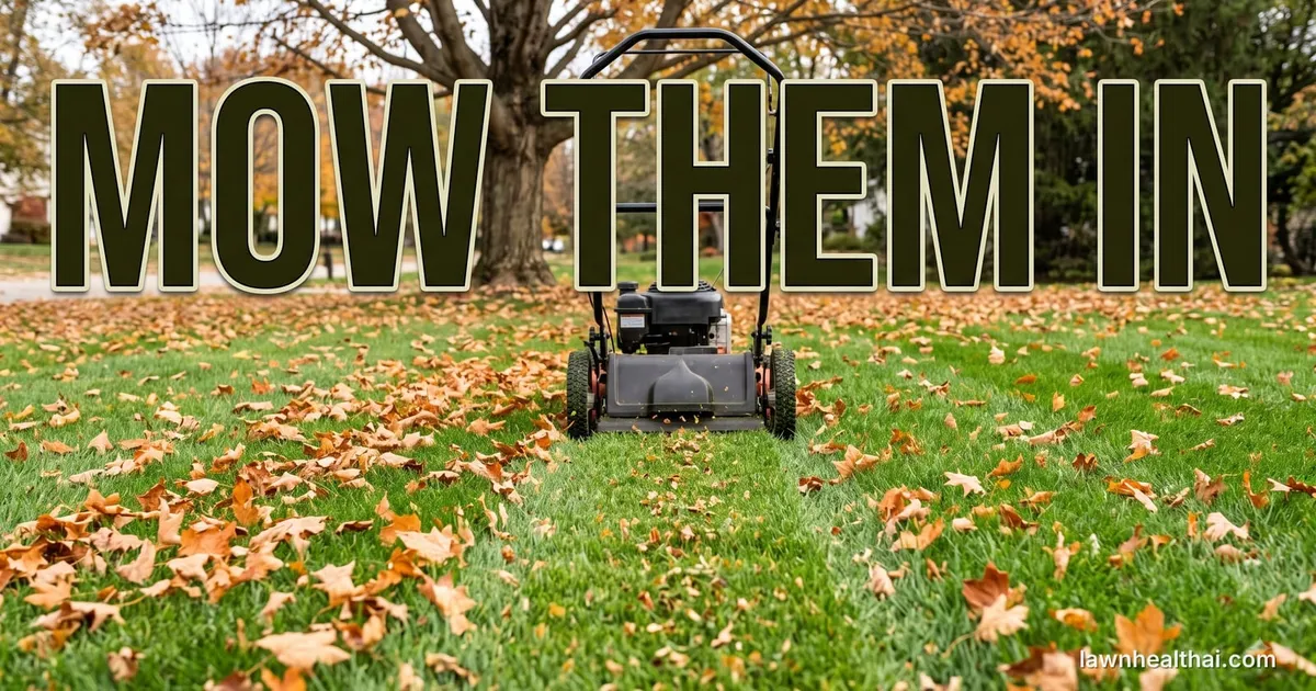 A walk-behind mower crossing a green lawn strewn with fallen orange and brown leaves under a large tree, a clearer strip of grass with only shredded fragments in front of its deck, with the words “Mow Them In” set across the top