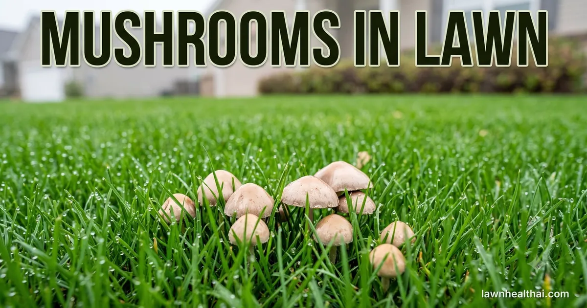 A cluster of small pale tan mushrooms pushing up through dense green grass beaded with dew, photographed at ground level with a suburban house and shrub border soft behind, and the words “Mushrooms in Lawn” set across the top