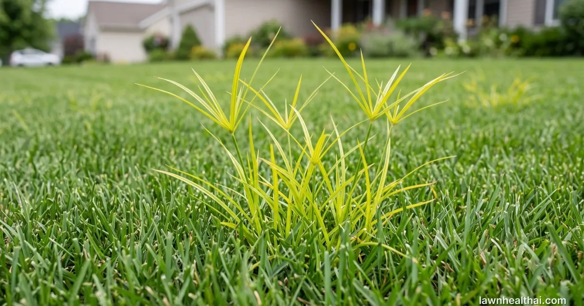 Yellow nutsedge standing taller than mowed turf, with a callout showing its triangular stem and the underground tubers that let it regrow — Nevada