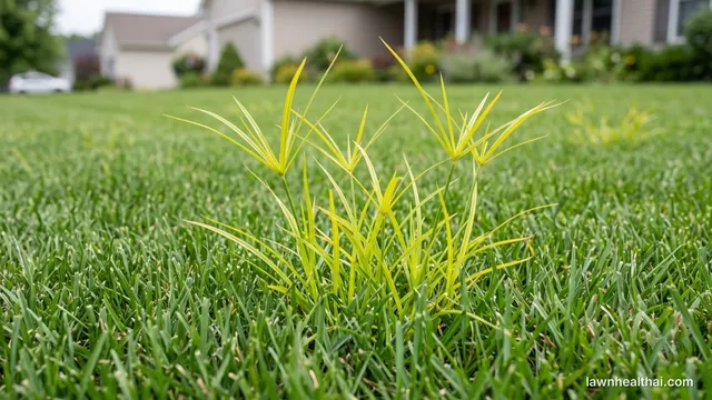Yellow nutsedge standing taller than mowed turf, with a callout showing its triangular stem and the underground tubers that let it regrow