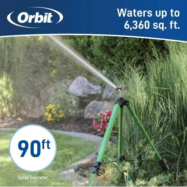 Orbit promotional graphic for the 58308 brass impact sprinkler on an adjustable tripod: the sprinkler stands in a planted border spraying a single jet, under an Orbit banner with the printed manufacturer claims 6,360 sq ft coverage and 90 ft spray diameter
