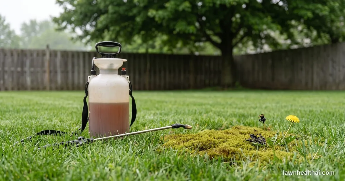 A pump sprayer of rust-brown iron solution resting on a lawn beside a patch of olive-green moss, with one blackened treated dandelion and one still in yellow flower