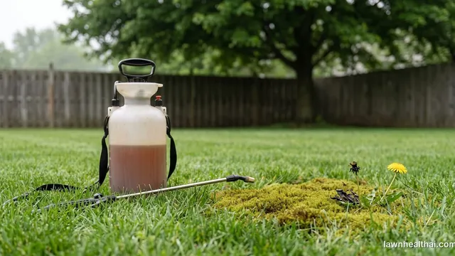 A pump sprayer of rust-brown iron solution resting on a lawn beside a patch of olive-green moss, with one blackened treated dandelion and one still in yellow flower