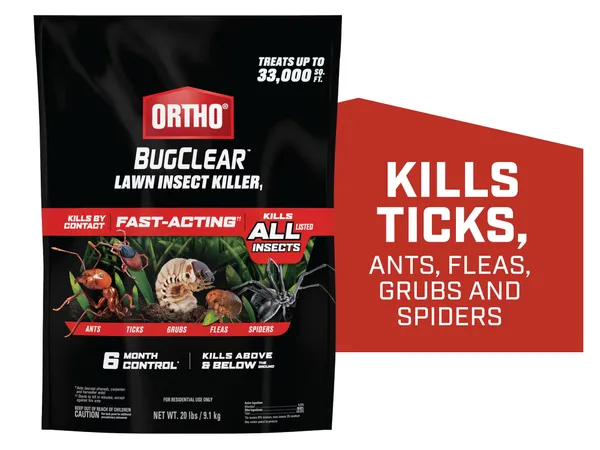 Ortho BugClear Lawn Insect Killer1 Granules — fotografía de producto del insecticida de superficie sobre fondo liso