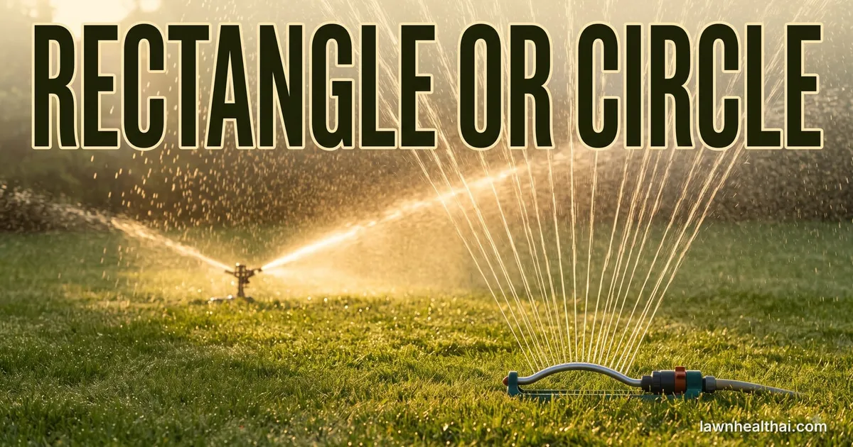 Two hose-end sprinklers running on a lawn in backlit evening sun: an impact sprinkler throwing one heavy stream from the left, an oscillating sprinkler fanning a row of fine arcs from the right, with the words “Rectangle or Circle” set across the top