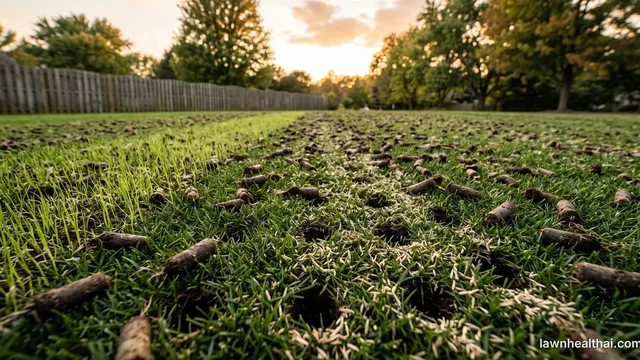 A core-aerated lawn at sunset covered in cylindrical soil plugs, with pale grass seed scattered across the surface and collected inside the open holes, and fine new seedlings emerging in a thinner area to one side