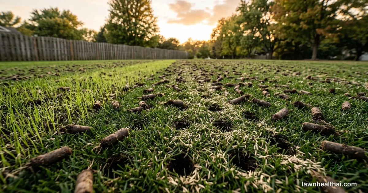 A core-aerated lawn at sunset covered in cylindrical soil plugs, with pale grass seed scattered across the surface and collected inside the open holes, and fine new seedlings emerging in a thinner area to one side