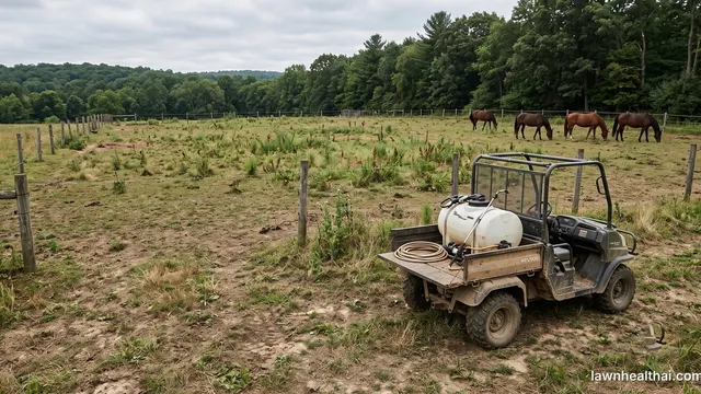 A small fenced paddock with patchy grazed grass and scattered broadleaf weeds, horses visible at the far fence line and a spray tank on the back of a utility vehicle