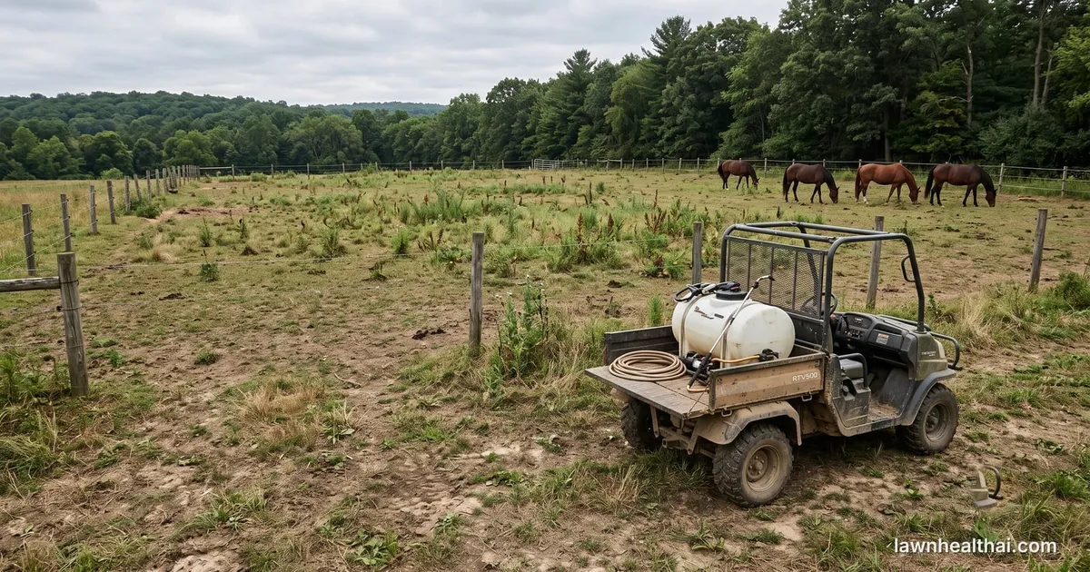 A small fenced paddock with patchy grazed grass and scattered broadleaf weeds, horses visible at the far fence line and a spray tank on the back of a utility vehicle