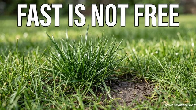 A close view at grass level of glossy dark green perennial ryegrass standing in a distinct raised clump that sits proud of the surrounding turf, with a patch of bare soil beside it where nothing has spread in, and the words “Fast Is Not Free” set across the top of the frame