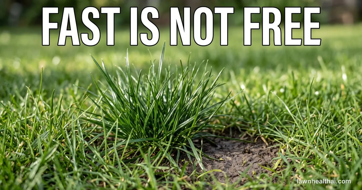 A close view at grass level of glossy dark green perennial ryegrass standing in a distinct raised clump that sits proud of the surrounding turf, with a patch of bare soil beside it where nothing has spread in, and the words “Fast Is Not Free” set across the top of the frame — Alabama