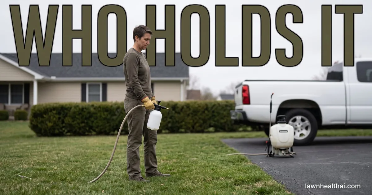 A homeowner in gloves standing on their own front lawn holding a plain unlabelled handheld sprayer bottle, while a larger backpack sprayer stands unused on the driveway behind them beside a white pickup, and the words “WHO HOLDS IT” set across the top of the frame