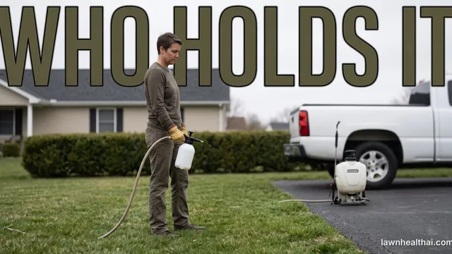 A homeowner in gloves standing on their own front lawn holding a plain unlabelled handheld sprayer bottle, while a larger backpack sprayer stands unused on the driveway behind them beside a white pickup, and the words “WHO HOLDS IT” set across the top of the frame