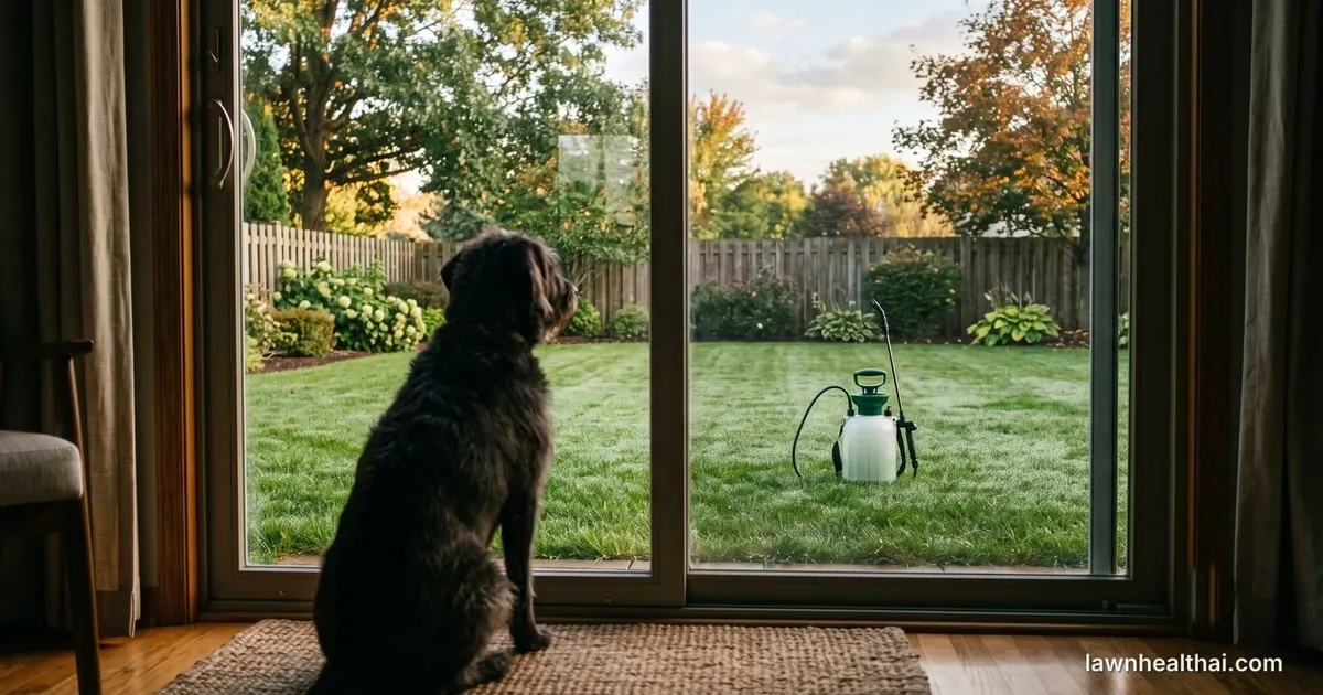 A dog sitting indoors behind a closed sliding glass patio door, looking out at a mown back lawn where a pump sprayer stands on the grass