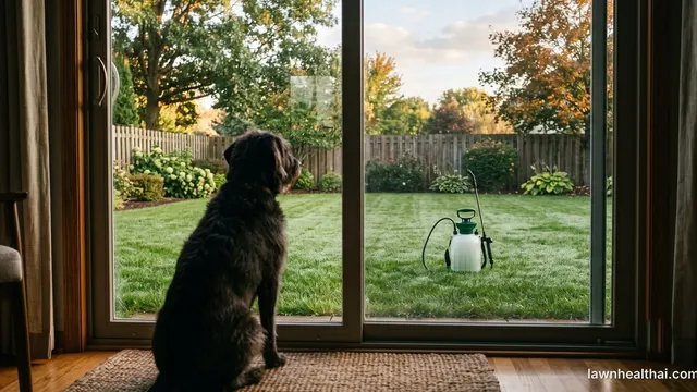 A dog sitting indoors behind a closed sliding glass patio door, looking out at a mown back lawn where a pump sprayer stands on the grass