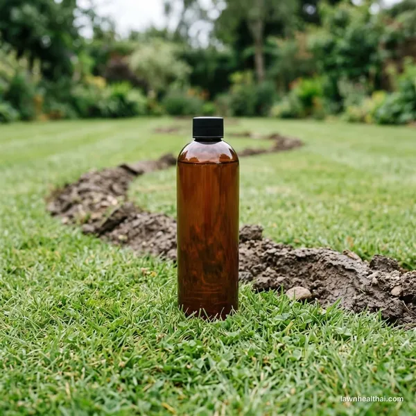 Bottle of liquid castor oil mole and vole repellent concentrate standing on a lawn beside a raised tunnel ridge — PetraMax castor oil mole repellent review
