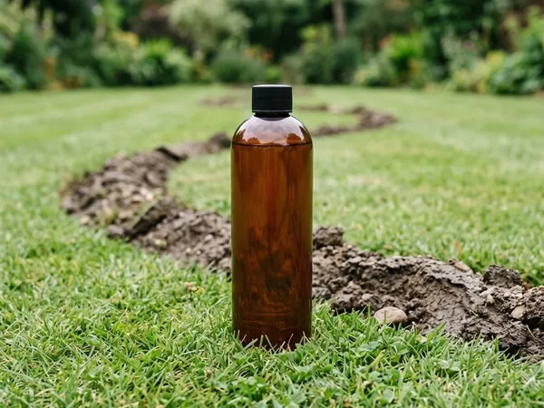 Frasco de concentrado repelente líquido de aceite de ricino para topos y campañoles sobre un césped, junto a una cresta de túnel elevada — reseña del repelente de topos PetraMax a base de aceite de ricino