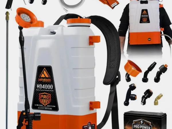 PetraTools HD4000 Battery Powered Backpack Sprayer — fotografía de producto del pulverizador de mochila a batería sobre fondo liso