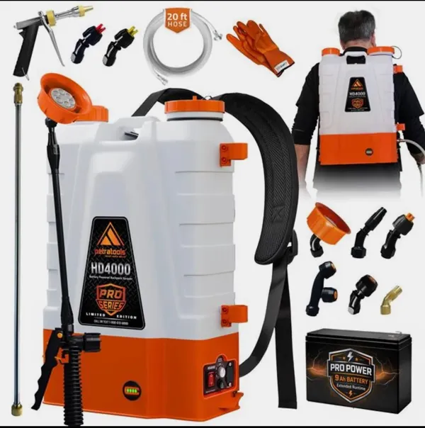PetraTools HD4000 Battery Powered Backpack Sprayer — battery backpack sprayer product photograph on a plain background