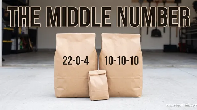 Two plain kraft lawn fertilizer bags standing side by side on a garage floor, the left printed 22-0-4 and the right printed 10-10-10, with a small paper soil sample bag leaning between them, and the words “THE MIDDLE NUMBER” set across the top of the frame