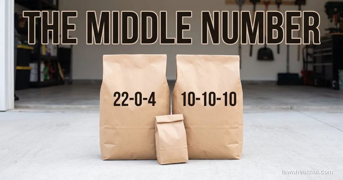 Two plain kraft lawn fertilizer bags standing side by side on a garage floor, the left printed 22-0-4 and the right printed 10-10-10, with a small paper soil sample bag leaning between them, and the words “THE MIDDLE NUMBER” set across the top of the frame