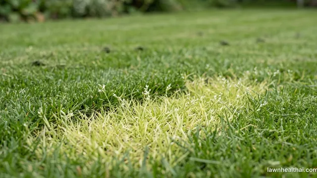 Patches of pale green annual bluegrass with whitish seed heads standing out against a darker green lawn, photographed low to the ground