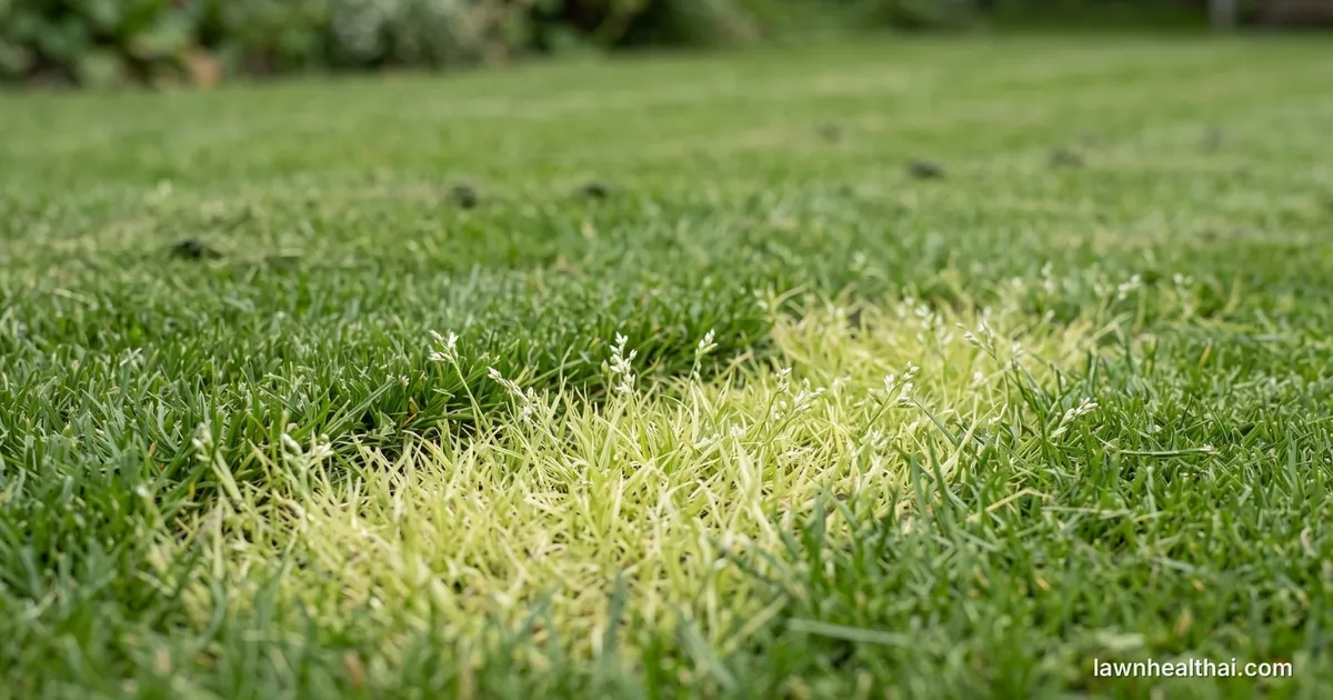 Patches of pale green annual bluegrass with whitish seed heads standing out against a darker green lawn, photographed low to the ground