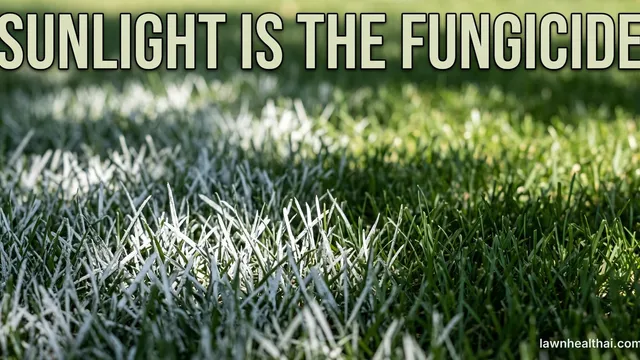 A close view at grass level where lawn blades on the left are coated chalky white as though dusted with flour, grading across the frame into clean unaffected green grass on the right, with the words “Sunlight Is the Fungicide” set across the top