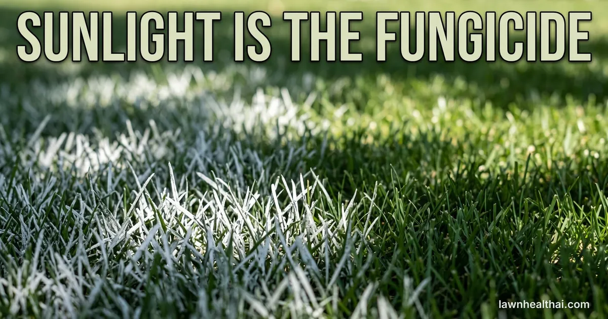 A close view at grass level where lawn blades on the left are coated chalky white as though dusted with flour, grading across the frame into clean unaffected green grass on the right, with the words “Sunlight Is the Fungicide” set across the top