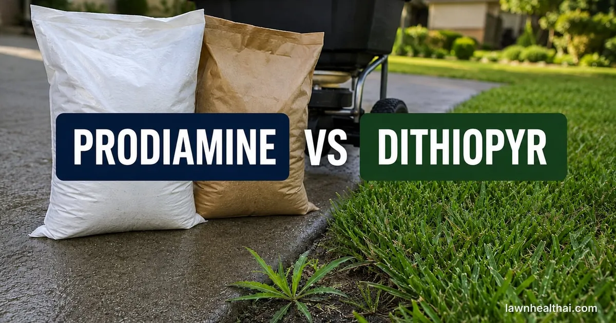 Two unbranded granular pre-emergent bags standing on a driveway edge beside a broadcast spreader, a young crabgrass rosette in the kerb crack, with the words Prodiamine vs Dithiopyr set across the image
