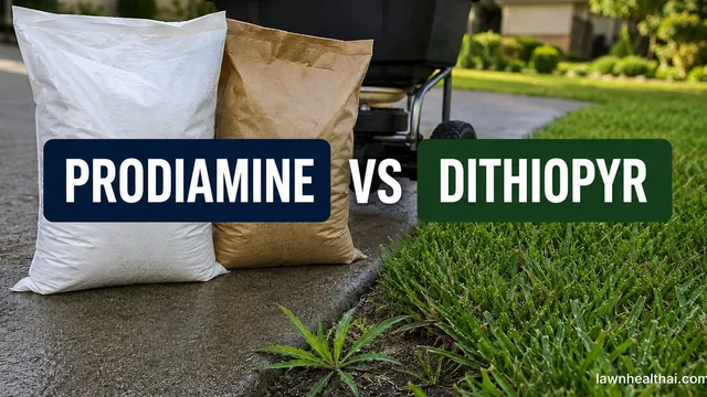 Two unbranded granular pre-emergent bags standing on a driveway edge beside a broadcast spreader, a young crabgrass rosette in the kerb crack, with the words Prodiamine vs Dithiopyr set across the image