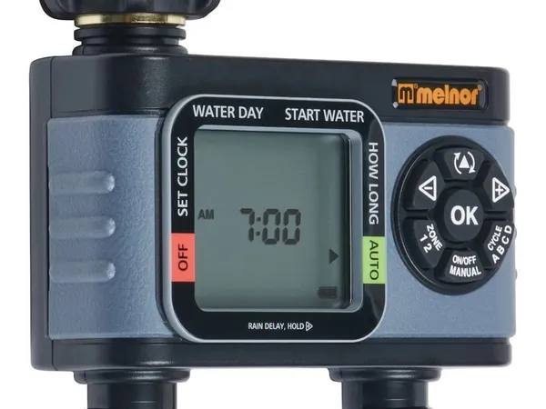 RAINPOINT 2-Zone Digital Water Timer — fotografía de producto del temporizador digital de manguera sobre fondo liso