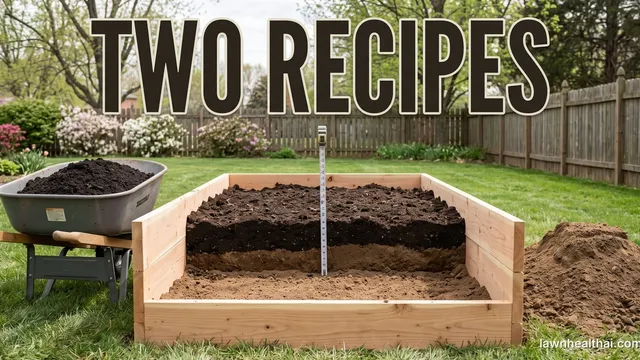 A partly filled cedar raised bed seen from the side with the soil layers visible, a wheelbarrow of dark compost and a pile of screened topsoil beside it, and a tape measure standing in the bed showing the fill depth, with the words “TWO RECIPES” set across the top of the frame