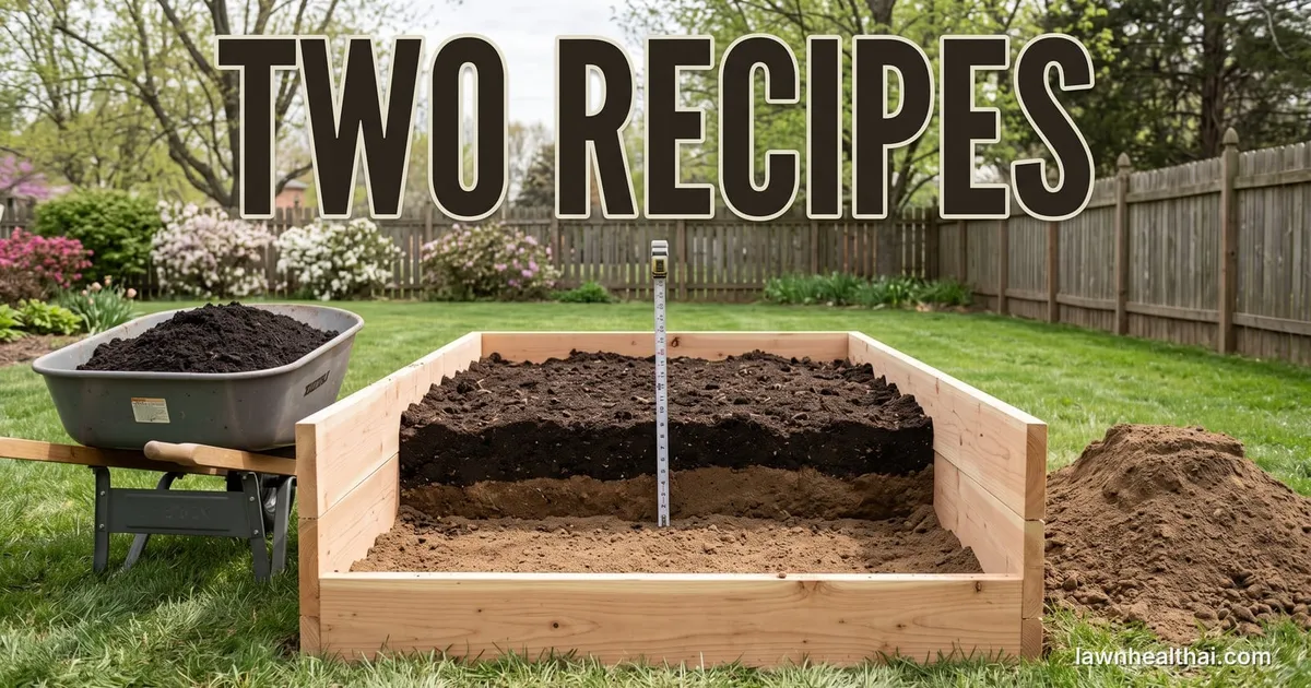 A partly filled cedar raised bed seen from the side with the soil layers visible, a wheelbarrow of dark compost and a pile of screened topsoil beside it, and a tape measure standing in the bed showing the fill depth, with the words “TWO RECIPES” set across the top of the frame