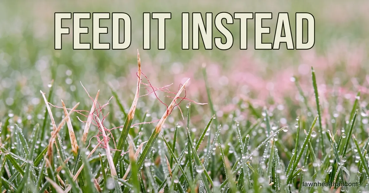 A close view of cool-season lawn showing bleached tan leaf tips with fine bright red thread-like strands of fungus emerging from them, the surrounding patch carrying a pink cast in damp morning light, with the words “Feed It Instead” set across the top of the frame — Connecticut