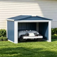 REEMOON Metal Robot Mower Garage, 3×3 ft — outdoor shelter for robotic mower docking station, manufacturer photograph taken outdoors on a lawn
