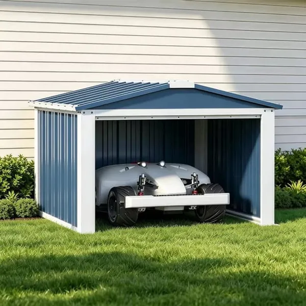 REEMOON Metal Robot Mower Garage, 3×3 ft — outdoor shelter for robotic mower docking station, manufacturer photograph taken outdoors on a lawn