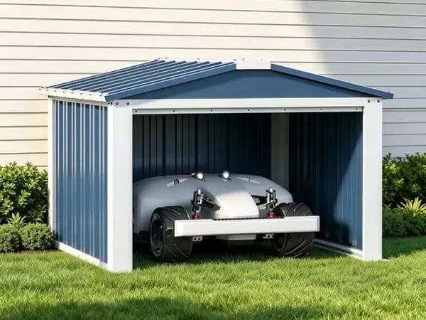 REEMOON Metal Robot Mower Garage, 3×3 pies — refugio exterior para la base de carga de una cortadora robot, fotografía del fabricante tomada al aire libre sobre césped