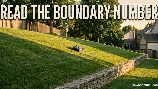 A robotic mower working across a distinctly sloped section of lawn that falls away toward a retaining wall at the bottom edge, the incline clearly visible, with the words “Read the Boundary Number” set across the top of the frame