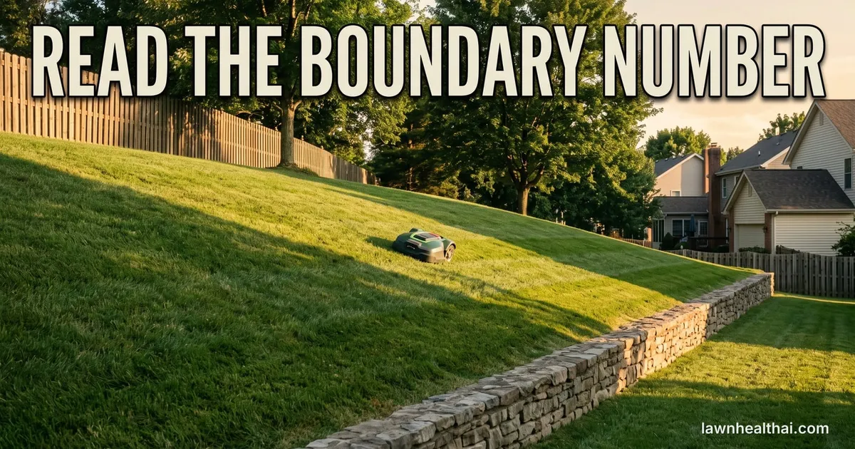 A robotic mower working across a distinctly sloped section of lawn that falls away toward a retaining wall at the bottom edge, the incline clearly visible, with the words “Read the Boundary Number” set across the top of the frame