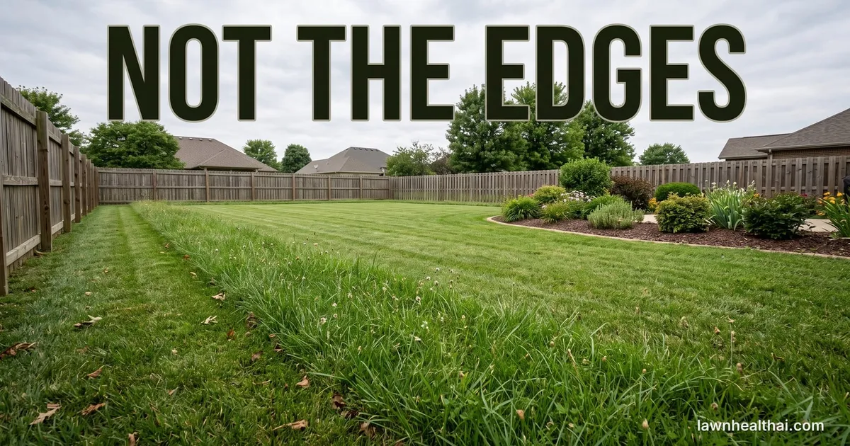 A lawn photographed from the edge showing a neatly cut open area behind a taller uncut strip running along a fence line and around a bed, the contrast between the two clearly visible, with the words “Not the Edges” set across the top of the frame