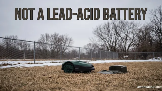 A robotic mower and its empty charging dock standing on a dormant brown winter lawn with a light dusting of snow at the edges, the words “Not a Lead-Acid Battery” set across the top of the frame