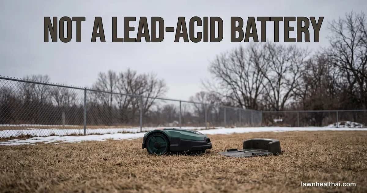 A robotic mower and its empty charging dock standing on a dormant brown winter lawn with a light dusting of snow at the edges, the words “Not a Lead-Acid Battery” set across the top of the frame
