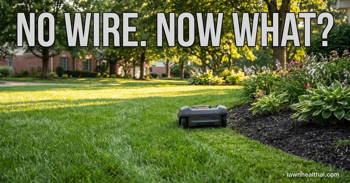 A robotic mower cutting a clean line along an unmarked lawn edge where no boundary wire or marker is visible, mature trees overhanging the far side, with the words “No Wire. Now What?” set across the top of the frame