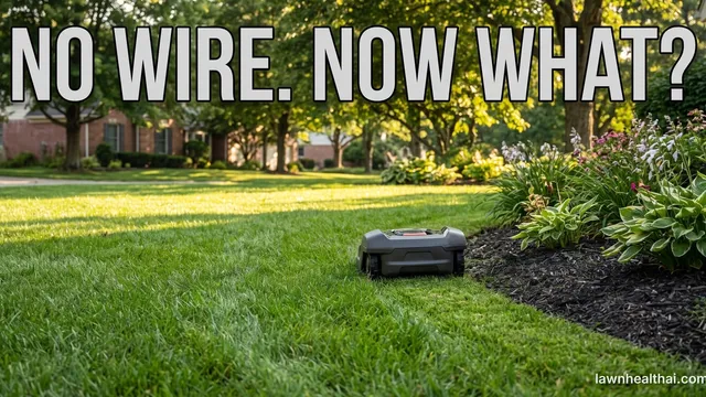 A robotic mower cutting a clean line along an unmarked lawn edge where no boundary wire or marker is visible, mature trees overhanging the far side, with the words “No Wire. Now What?” set across the top of the frame