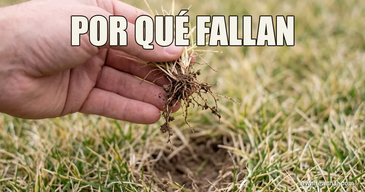 Una mano sosteniendo un mechón de hierba color paja arrancado del césped, con sus raíces expuestas cortas, escasas y marrones en lugar de blancas y fibrosas, y el hueco del que salió debajo, con las palabras “POR QUÉ FALLAN” dispuestas en la parte superior del encuadre