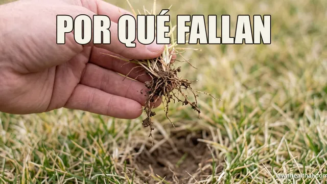 Una mano sosteniendo un mechón de hierba color paja arrancado del césped, con sus raíces expuestas cortas, escasas y marrones en lugar de blancas y fibrosas, y el hueco del que salió debajo, con las palabras “POR QUÉ FALLAN” dispuestas en la parte superior del encuadre