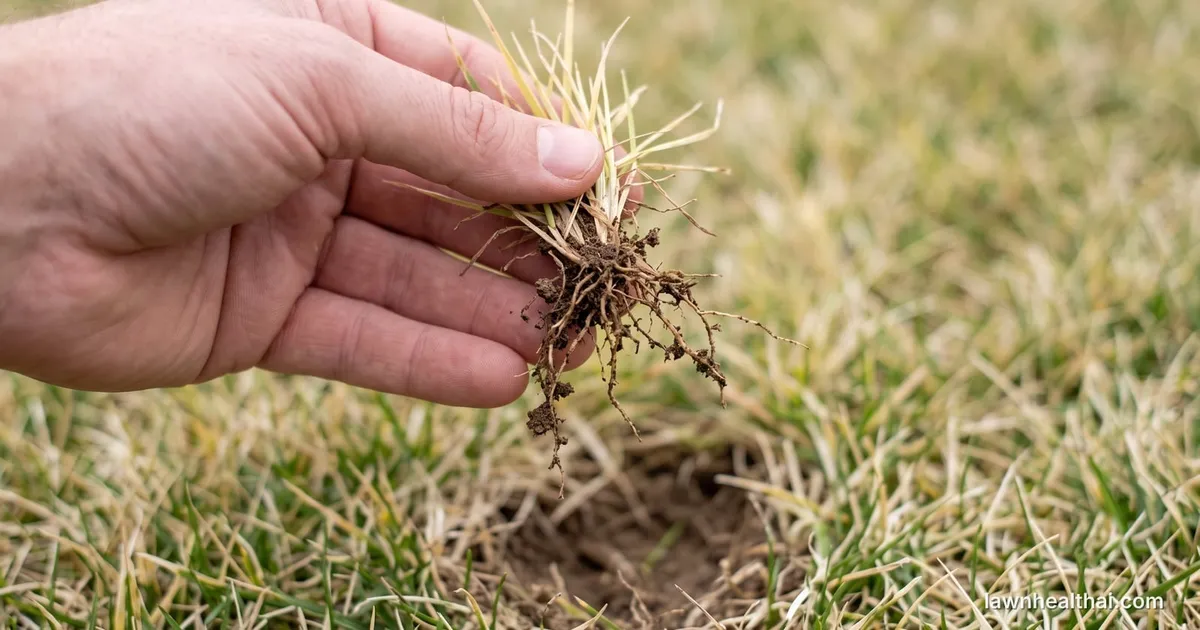 A hand holding a tuft of straw-coloured grass pulled free of the lawn, its exposed roots short, sparse and brown rather than white and fibrous, with the hollow it came from below